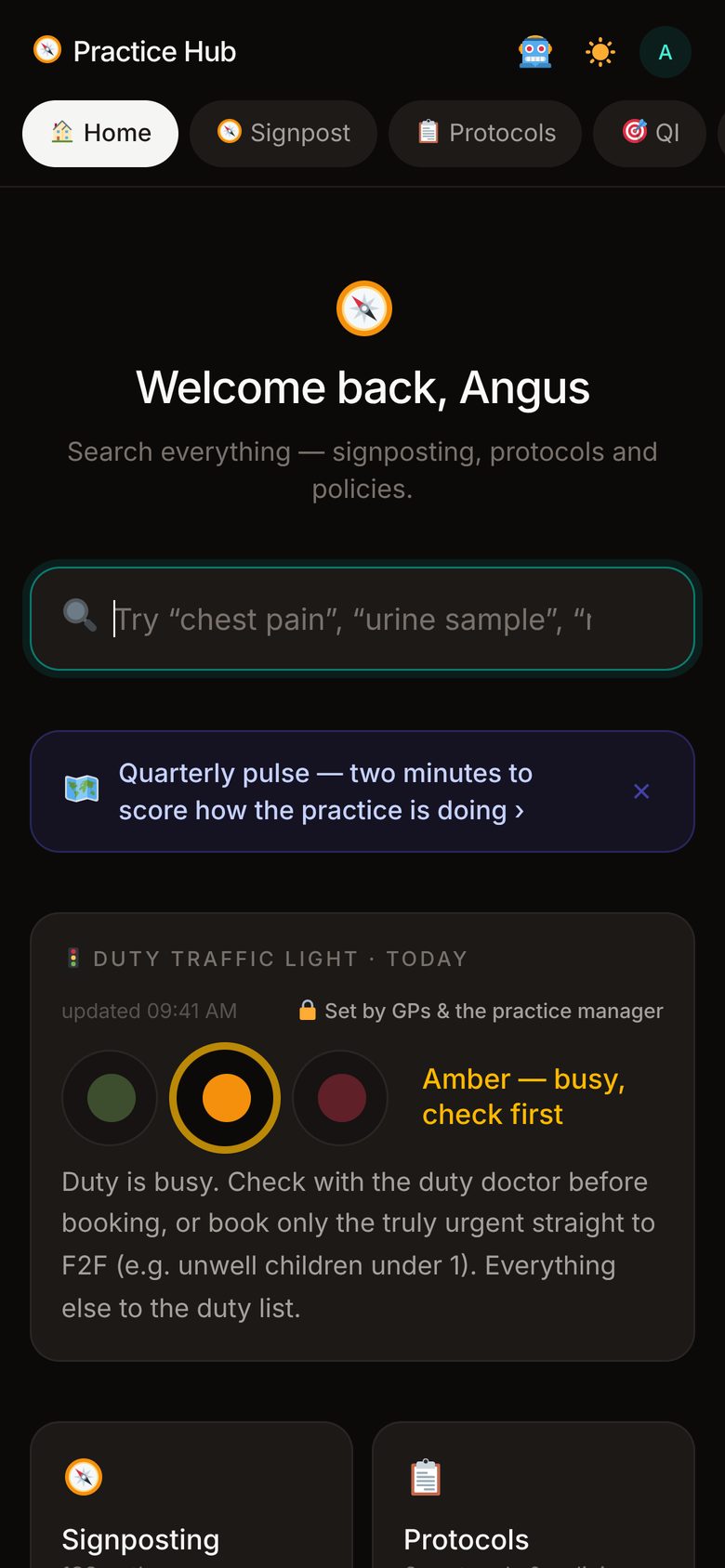 Home on a phone: search, the quarterly pulse, the duty traffic light