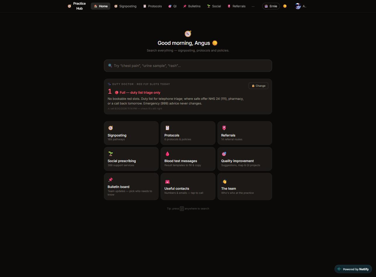 Practice Hub home screen with universal search and quick tiles
