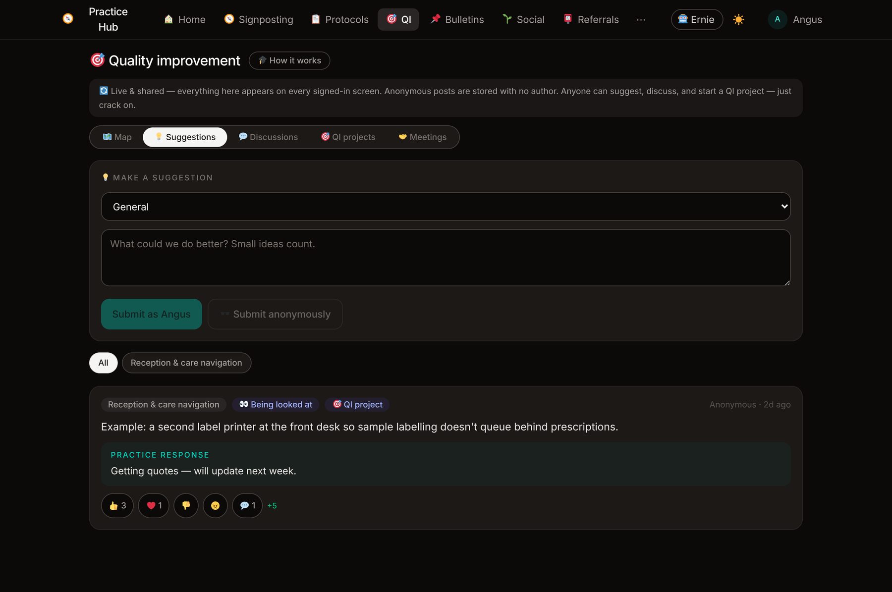 The suggestion box with reactions, comments and replies