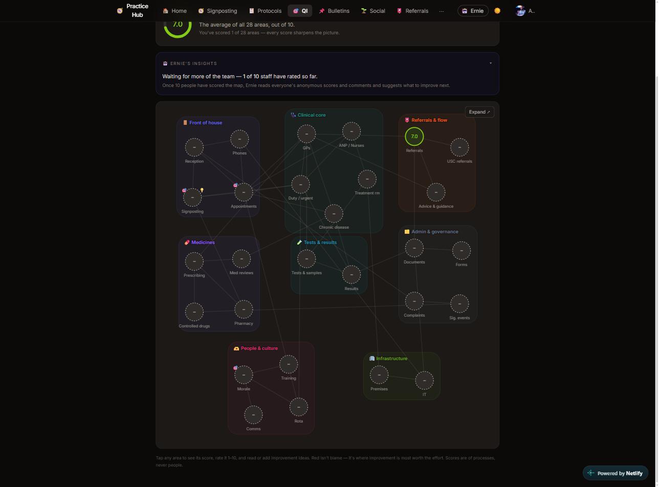 The practice health map with 28 rated areas in connected zones