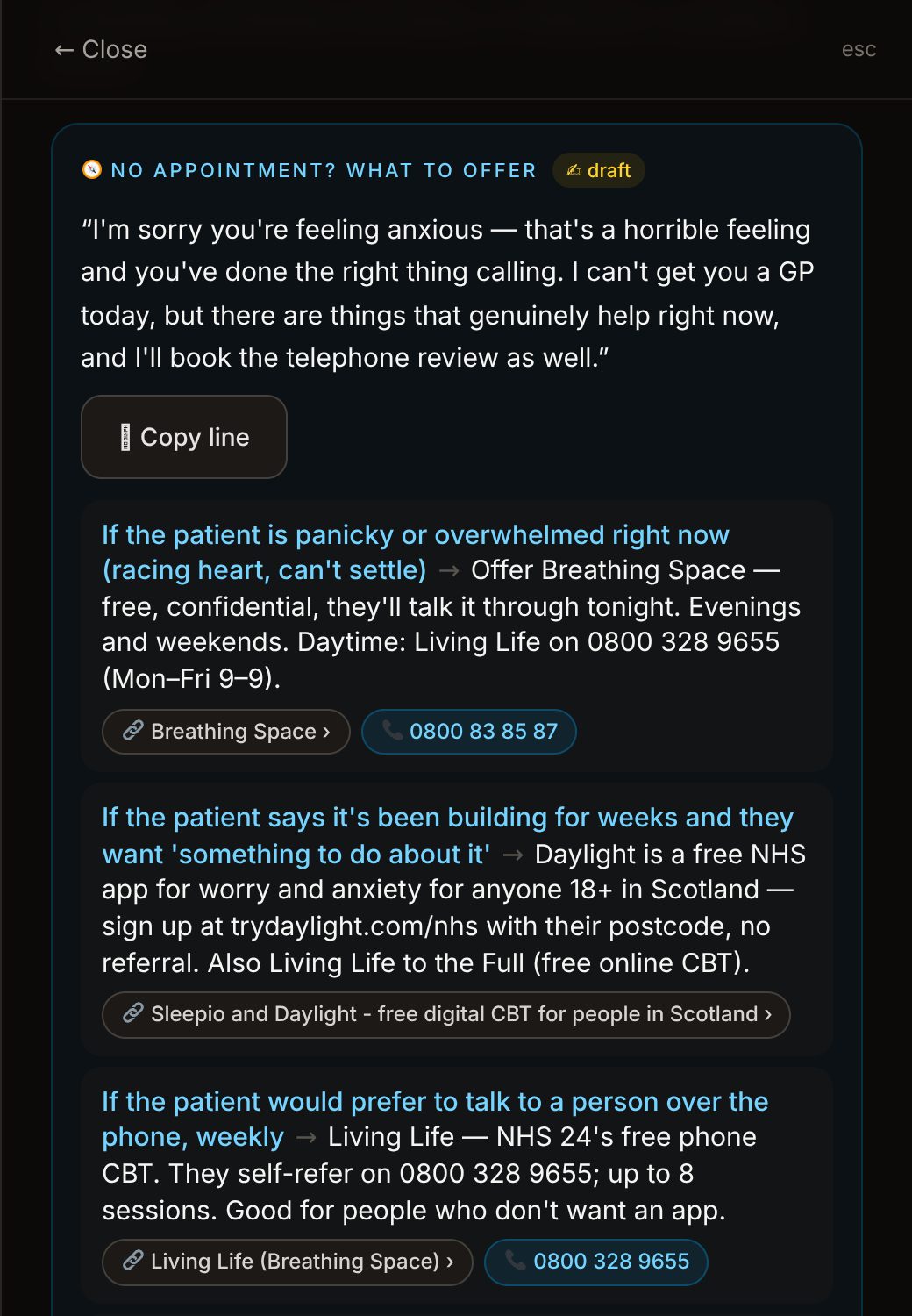The care-navigation card on the anxiety pathway: an opener to read aloud, then if-then steps each with a service link and a phone number