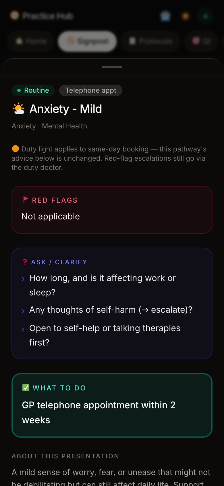 A pathway on a phone: red flags, ask, what to do